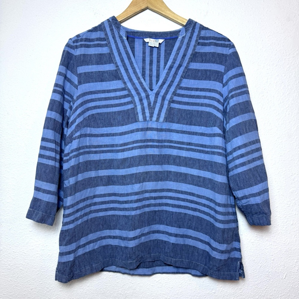 Boden Blue Stripe Linen Top Women's 8 V-neck 3/4 Sleeve Shirt Beach Coastal